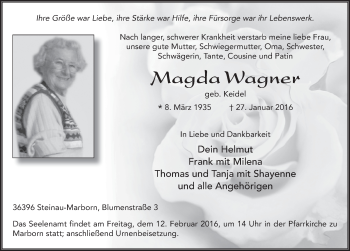 Traueranzeige von Magda Wagner 