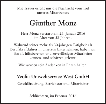 Traueranzeige von Günther Monz 