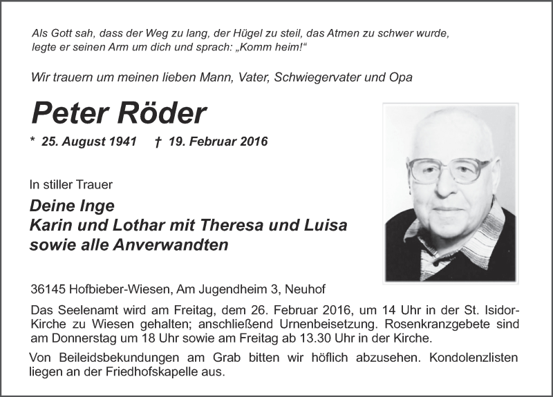  Traueranzeige für Peter Röder vom 23.02.2016 aus 