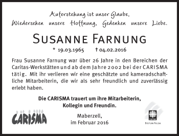 Traueranzeige von Susanne Farnung 