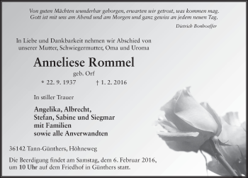 Traueranzeige von Anneliese Rommel 