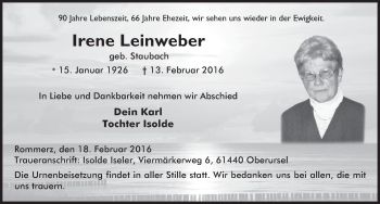Traueranzeige von Irene Leinweber 