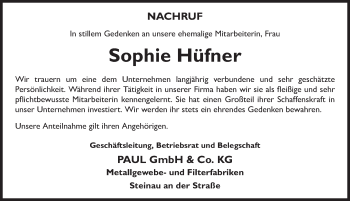 Traueranzeige von Sophie Hüfner 