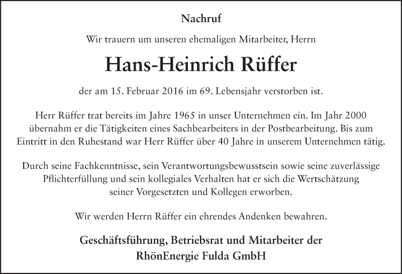  Traueranzeige für Hans-Heinrich Rüffer vom 24.02.2016 aus 