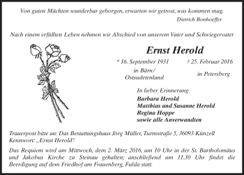 Traueranzeige von Ernst Herold 