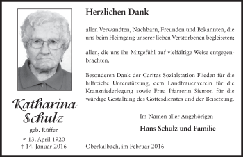 Traueranzeige von Katharina Schulz 