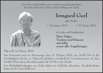 Traueranzeige von Irmgard Gerl 