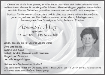 Traueranzeige von Annemarie Merx 