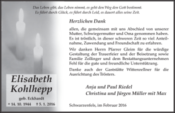 Traueranzeige von Elisabeth Kohlhepp 