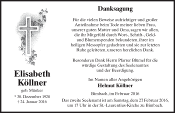 Traueranzeige von Elisabeth Köllner 
