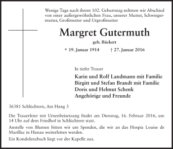 Traueranzeige von Margret Gutermuth 