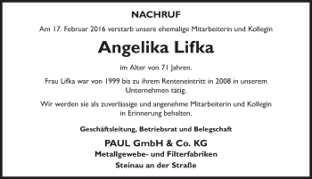 Traueranzeige von Angelika Lifka 