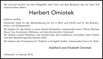 Traueranzeige von Herbert Omiotek 