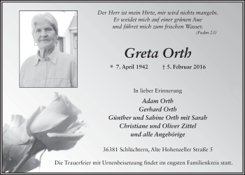 Traueranzeige von Greta Orth 