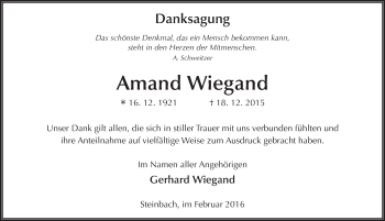 Traueranzeige von Amand Wiegand 