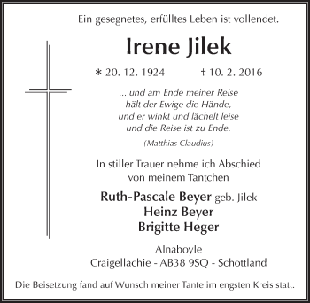 Traueranzeige von Irene Jilek 