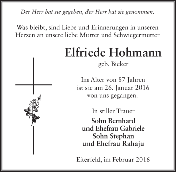 Traueranzeige von Elfriede Hohmann 