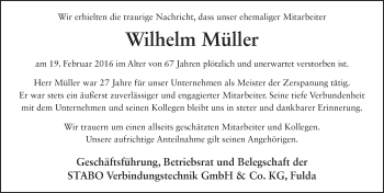Traueranzeige von Wilhelm Magnus Müller 