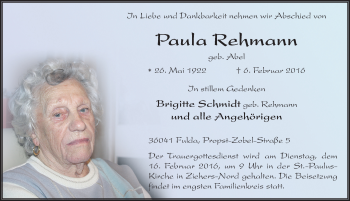 Traueranzeige von Paula Rehmann 