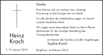 Traueranzeige von Heinz Krach 