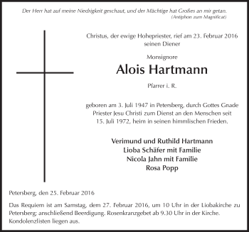 Traueranzeige von Alois Hartmann 