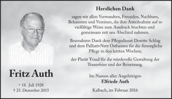 Traueranzeige von Fritz Auth 