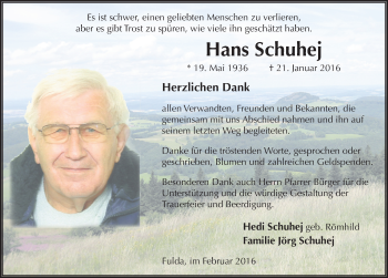 Traueranzeige von Johann Schuhej 