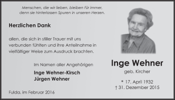 Traueranzeige von Inge Wehner 