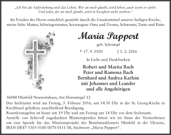 Traueranzeige von Maria Pappert 