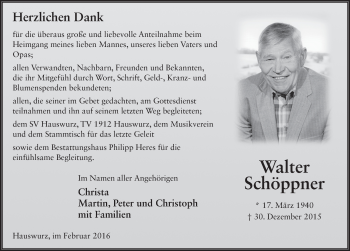 Traueranzeige von Walter Schöppner 