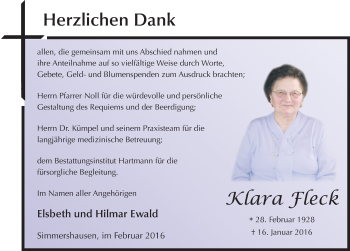 Traueranzeige von Klara Fleck 