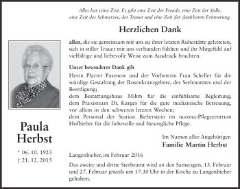 Traueranzeige von Paula Herbst 