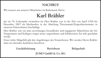 Traueranzeige von Karl Brähler 