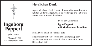 Traueranzeige von Inge Pappert 