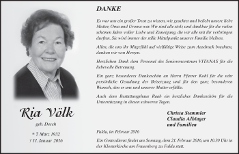 Traueranzeige von Ria Völk 