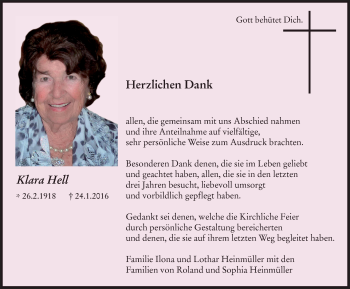 Traueranzeige von Klara Hell 