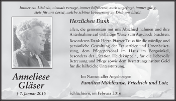 Traueranzeige von Anneliese Gläser 