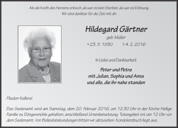 Traueranzeige von Hildegard Gärtner 