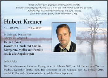 Traueranzeige von Hubert Kremer 