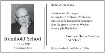 Traueranzeige von Reinhold Schott 