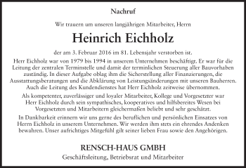 Traueranzeige von Heinrich Eichholz 
