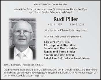 Traueranzeige von Rudi Piller 