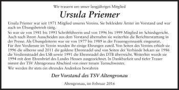 Traueranzeige von Ursula Priemer 