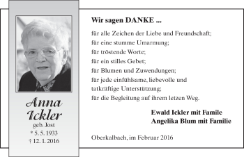 Traueranzeige von Anna Ickler 