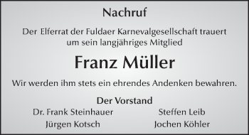 Traueranzeige von Franz Müller 
