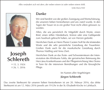 Traueranzeige von Joseph Schlereth 