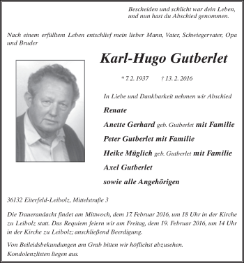 Traueranzeige von Karl-Hugo Gutberlet 