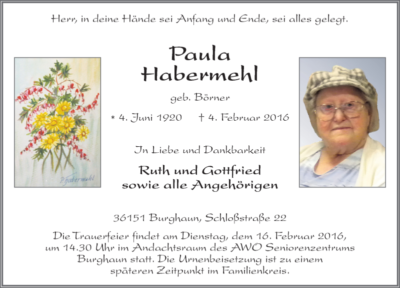  Traueranzeige für Paula Habermehl vom 13.02.2016 aus 