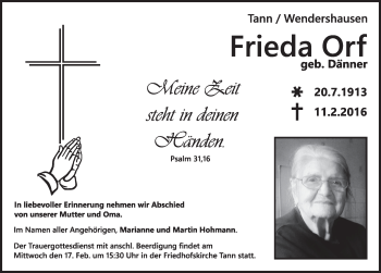 Traueranzeige von Frieda Orf 