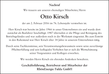 Traueranzeige von Otto Kirsch 
